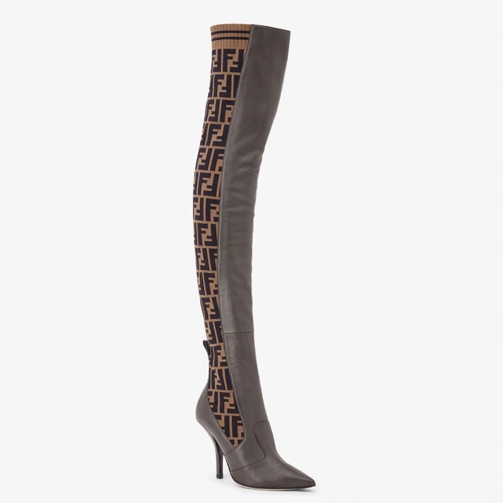 Fendi Rockoko Over the Knee Boots w FF Pattern leather sole ebano tabacco nero